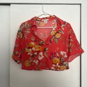 bright floral cropped half-button with collar